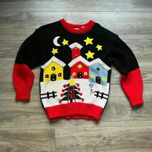 Vintage Adell Barre Holiday Christmas Tree Sweater Snowman Red Black Size M - Picture 1 of 8